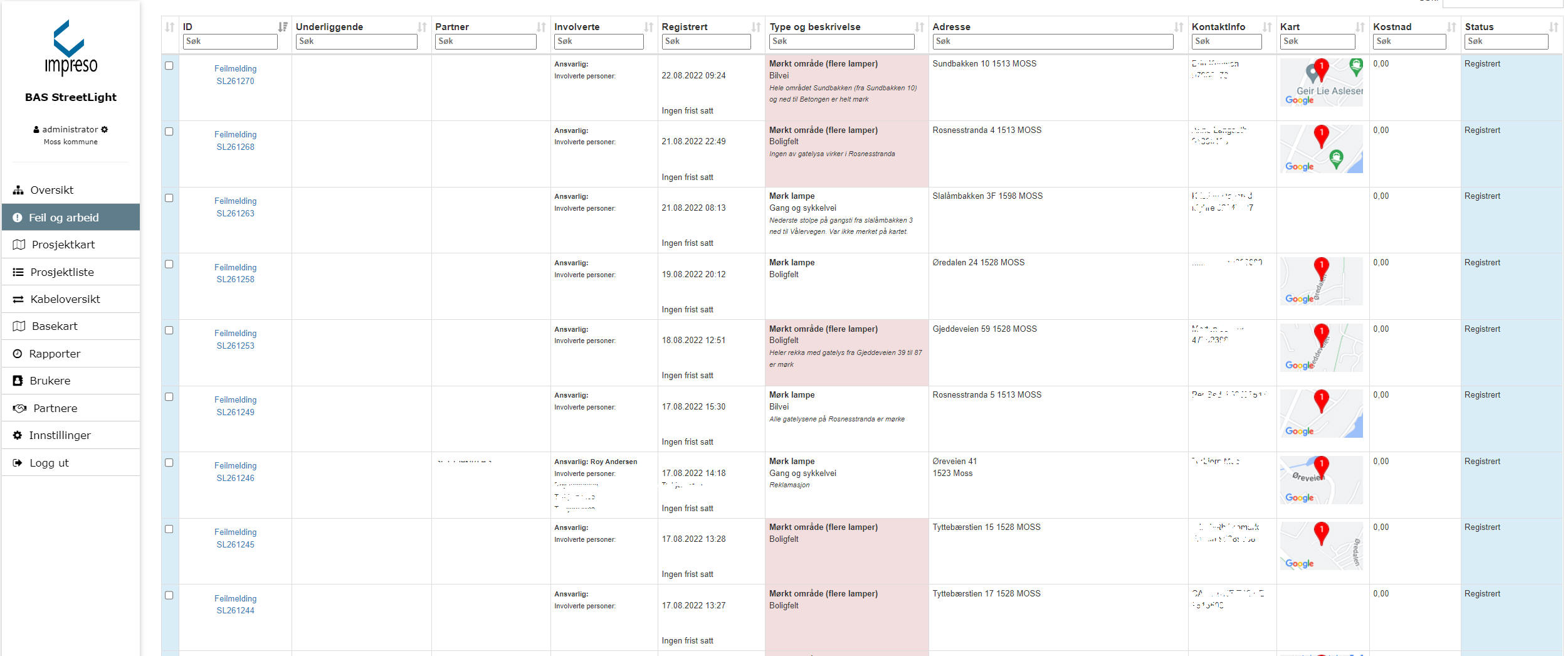 Feilmeldinger bas streetlight driftsystem veilys